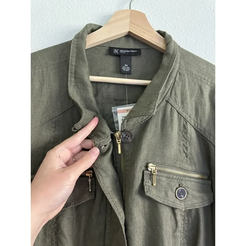 INC Utility Jacket Women's 2XL Olive Green Linen Lightweight Cargo Military Chic - Picture 14 of 14